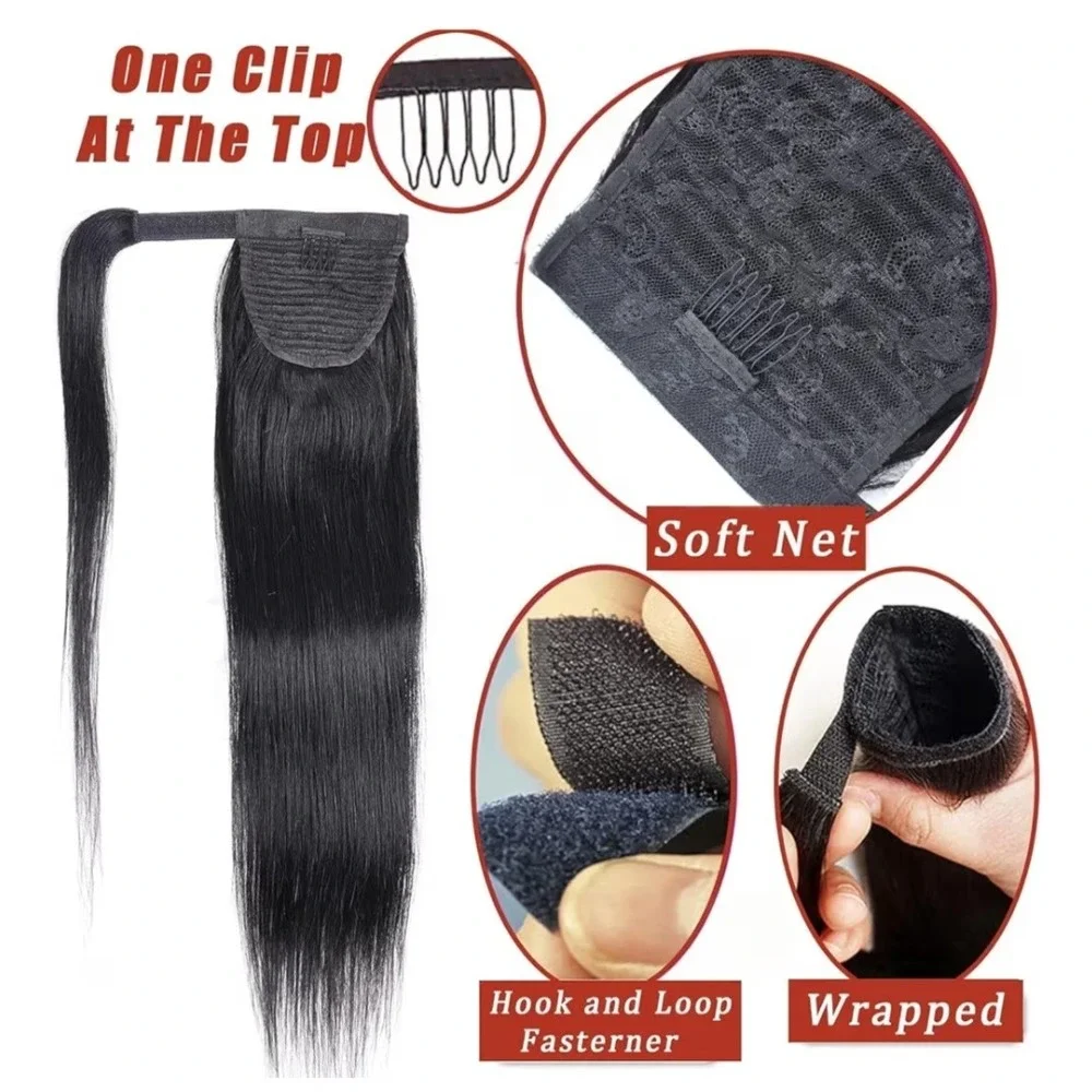 24‎ Inch Human Hair Blend Wrap Around Ponytail Natural Black Straight NEW